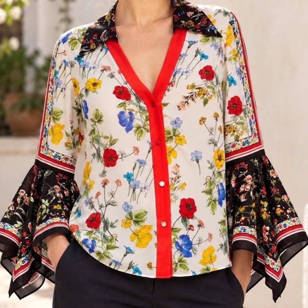 Alice + Olivia Randa Blouse Womens White Floral Trumpet Sleeve CC903P38001